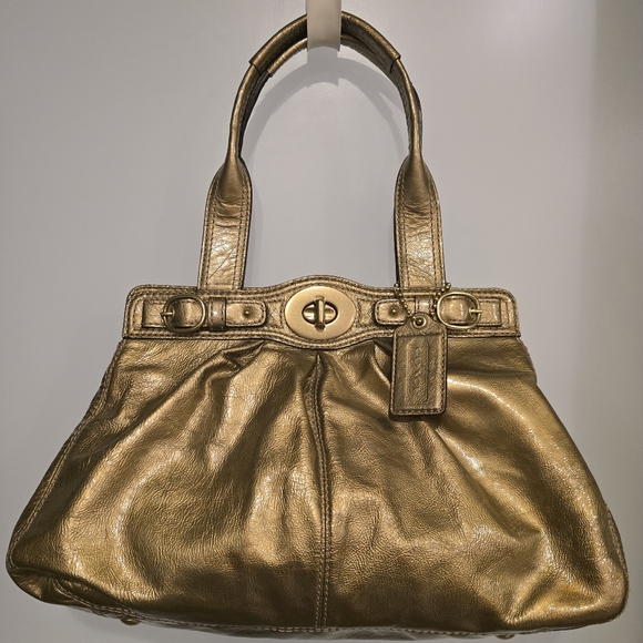 COACH 13926 Gold Metallic Patent Leather Satchel Bell Shaped Purse Handbag - Picture 2 of 16